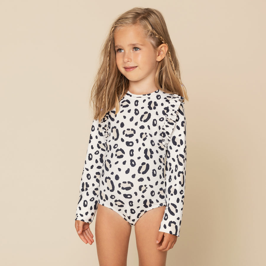 Cheetah Print Ruffle trim Long Sleeve Swimsuit