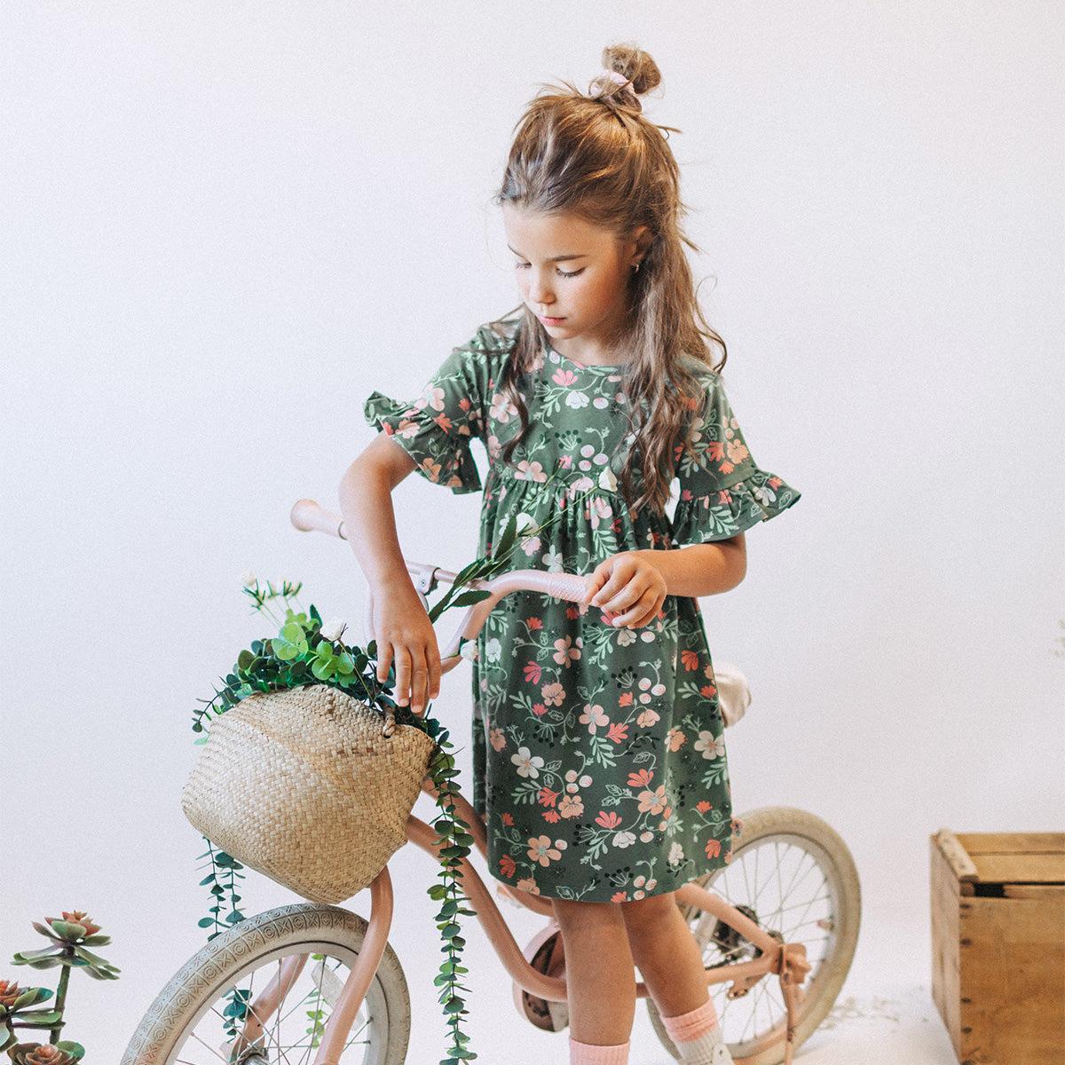 FLORAL GREEN SHORT-SLEEVED REGULAR FLARED DRESS, CHILD