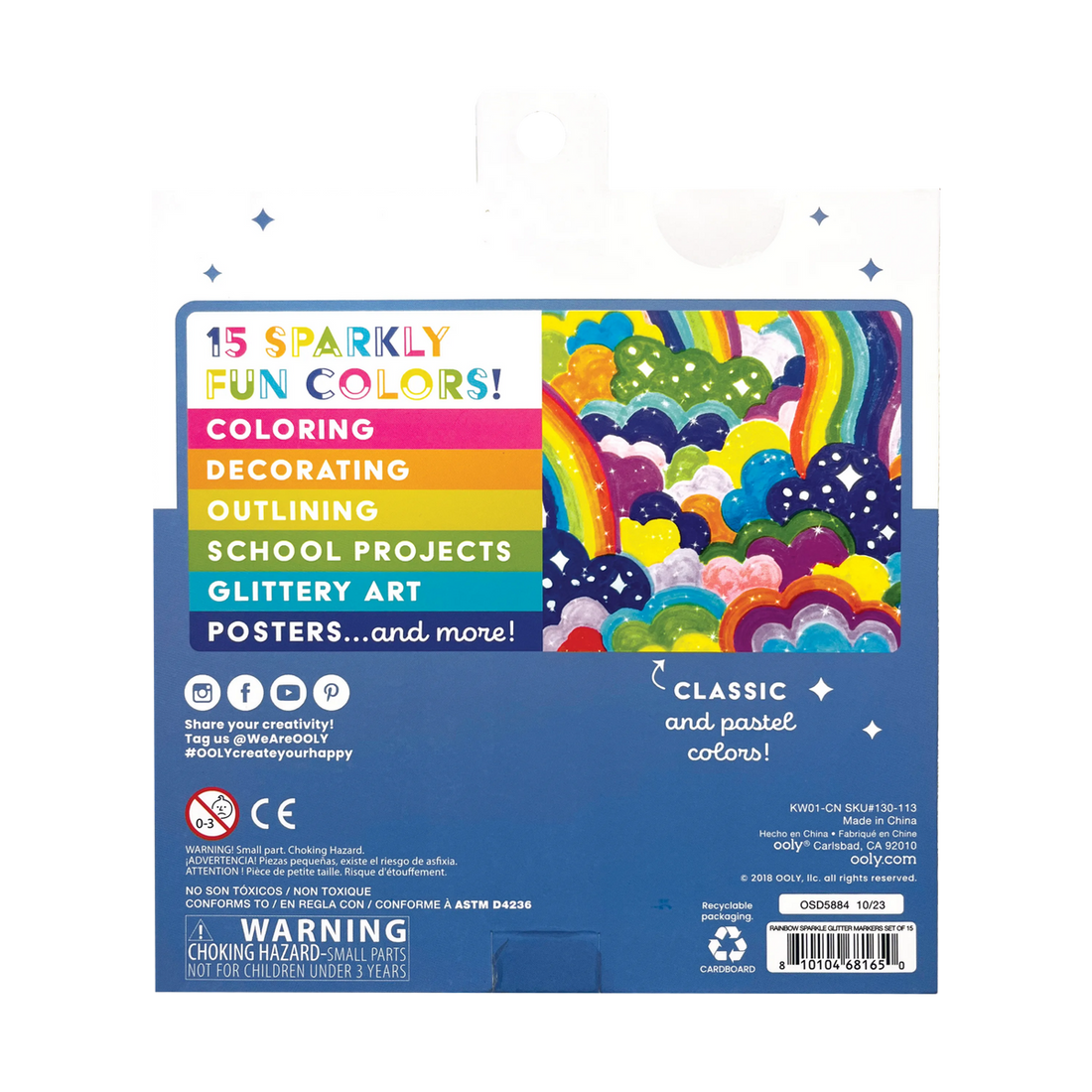 Rainbow Sparkle Glitter Markers - Set of 15