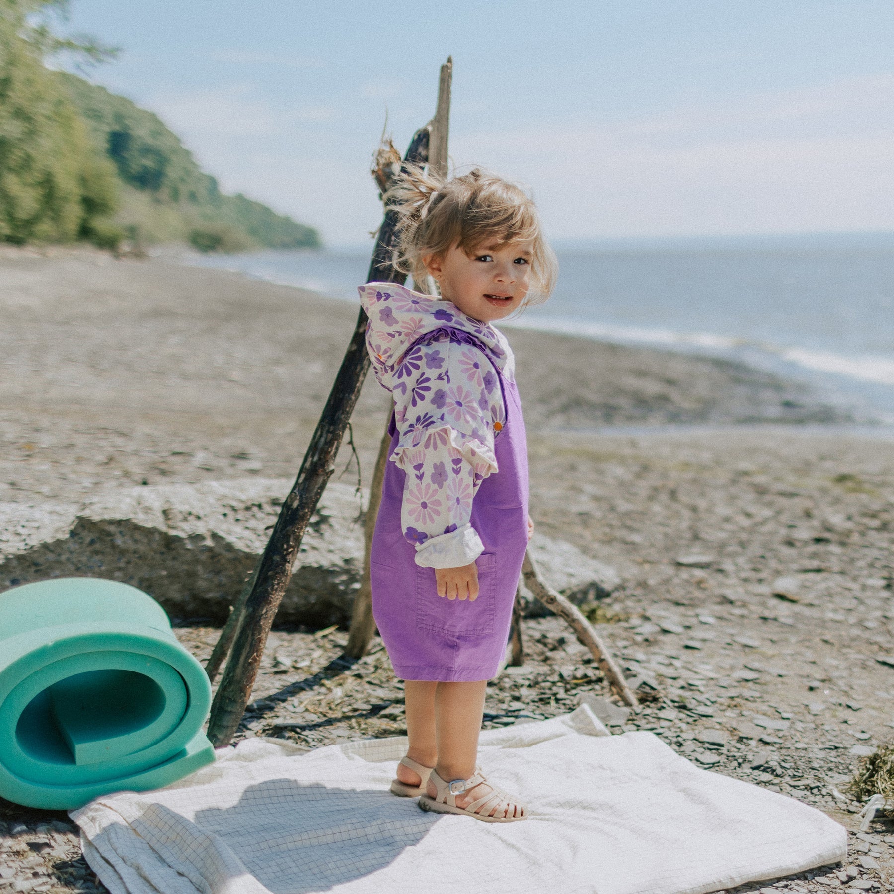 SHORT PURPLE OVERALL WITH RUFFLED STRAPS COTTON, BABY