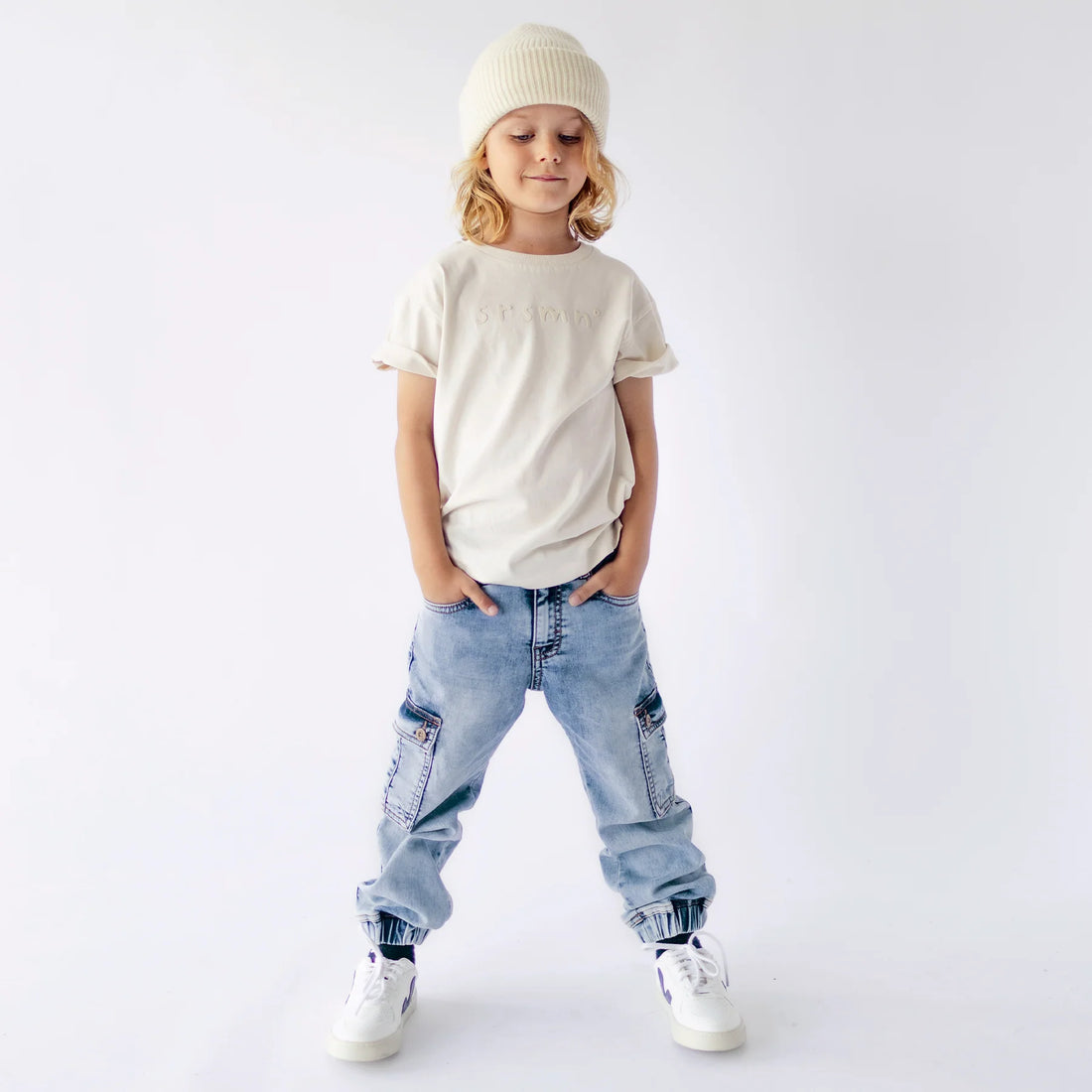 REGULAR-FIT PANTS WITH CARGO POCKETS IN LIGHT BLUE STRETCH DENIM, CHILD