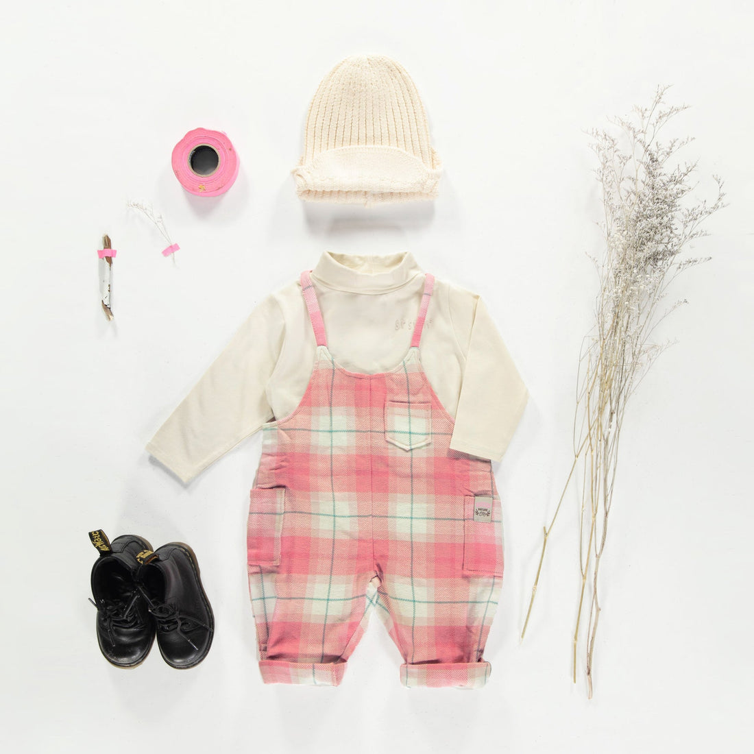 LOOSE PINK CHECKERED OVERALLS IN FLANNEL, BABY