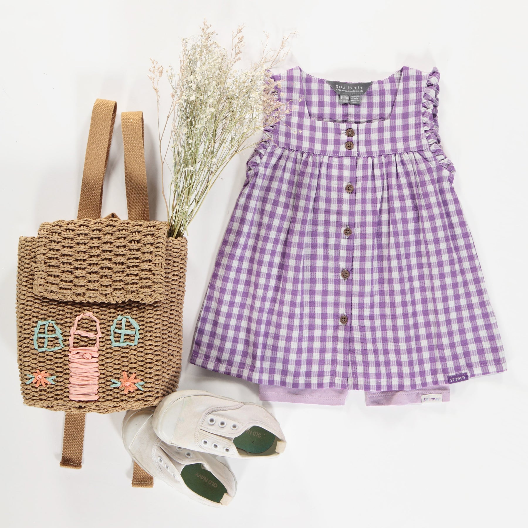 PURPLE AND WHITE CHECKERED DRESS WITH LARGE STRAPS SEERSUCKER