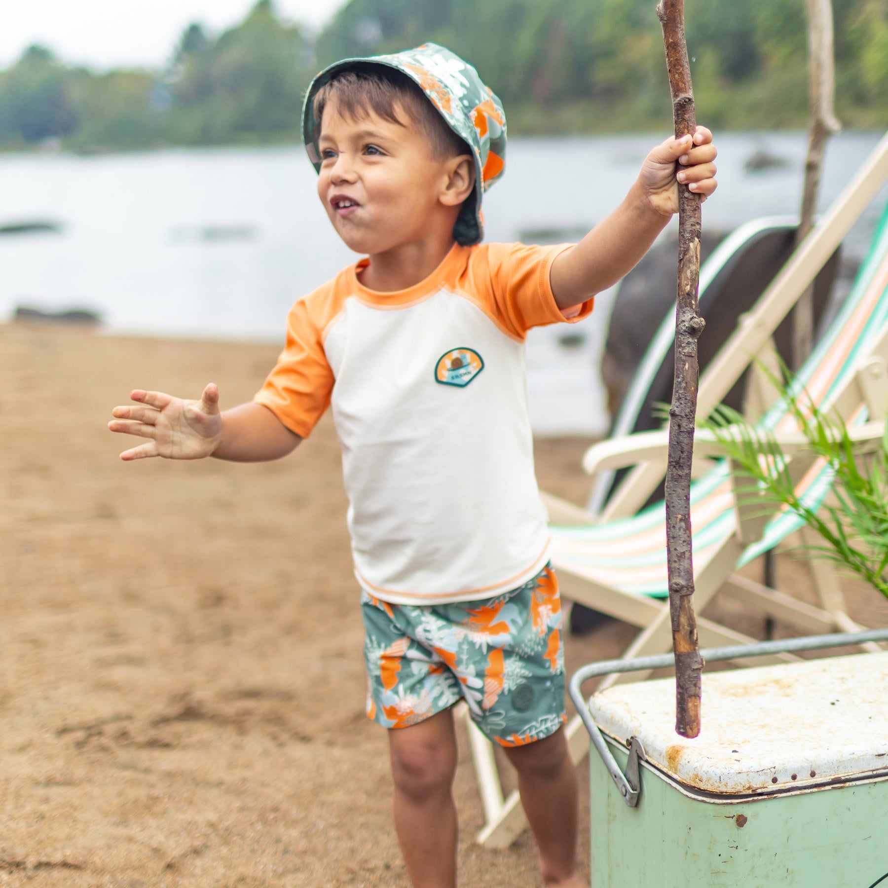 CREAM AND ORANGE SHORT SLEEVES SWIMMING T-SHIRT , BABY