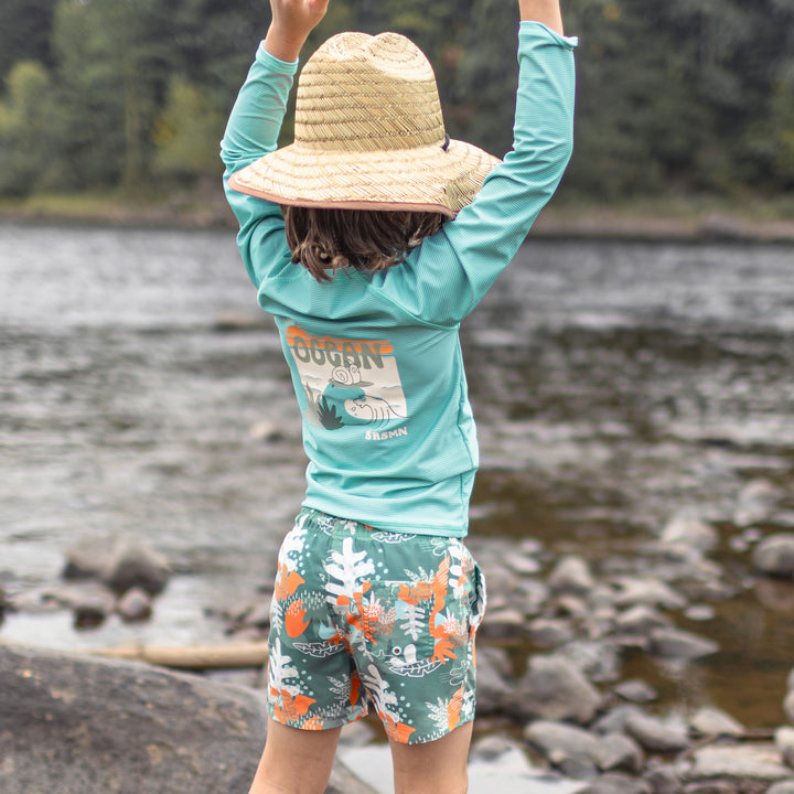 GREEN SWIMMING SHORT WITH TROPICAL LEAF PATTERN, CHILD