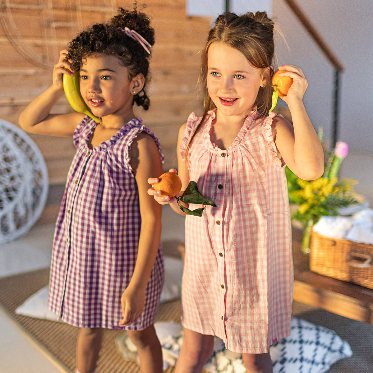 PURPLE AND WHITE CHECKERED DRESS WITH LARGE STRAPS SEERSUCKER