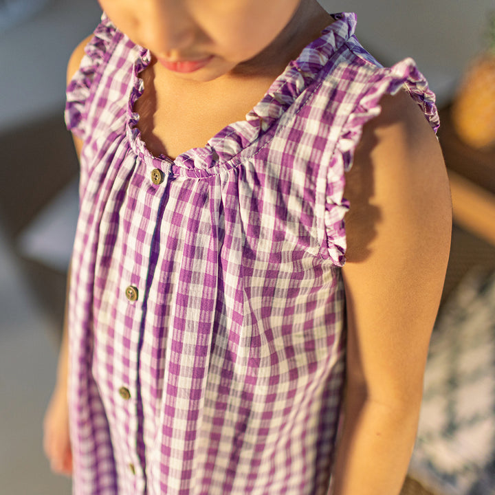 PURPLE AND WHITE CHECKERED DRESS WITH LARGE STRAPS SEERSUCKER