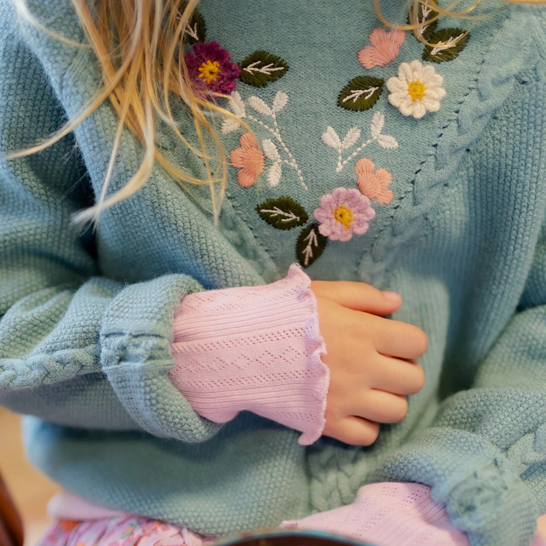 ASH BLUE KNIT SWEATER WITH EMBROIDERY AND CROCHET, CHILD