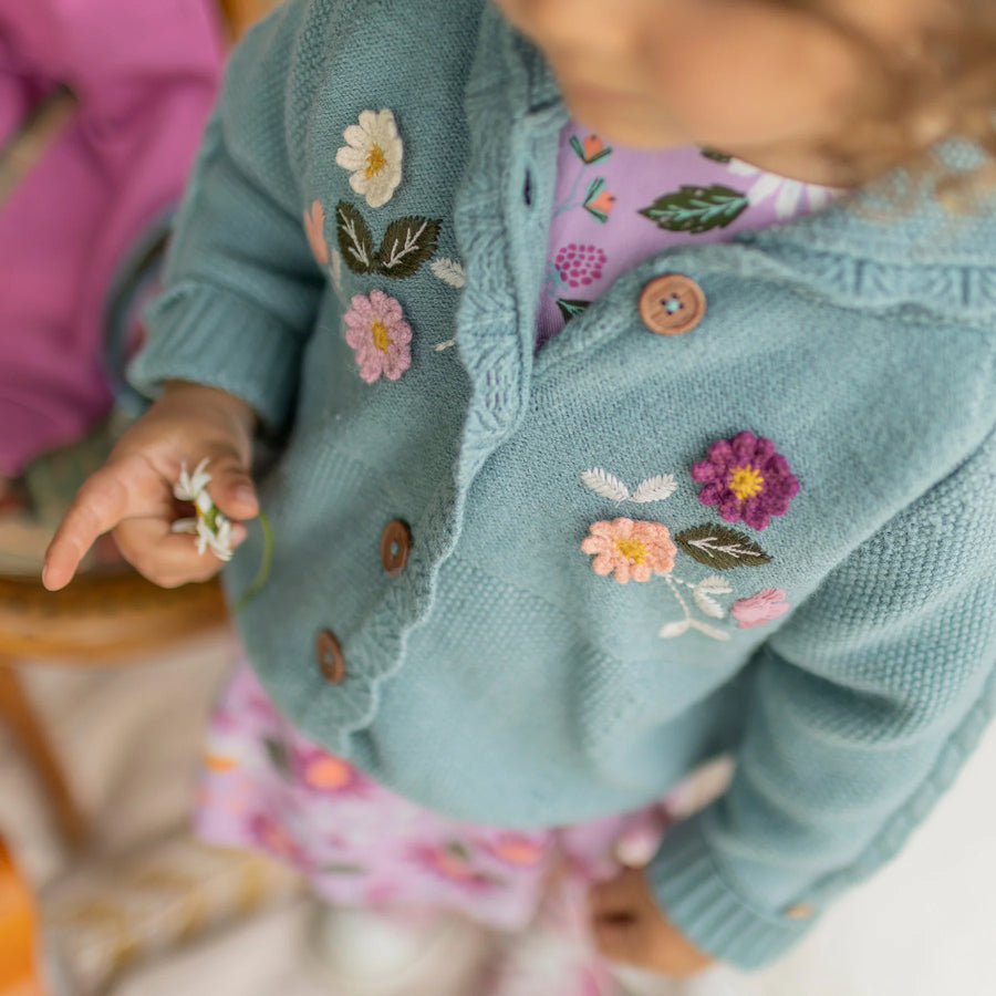 ASH BLUE KNITTED CARDIGAN WITH HOOD, EMBROIDERY AND CROCHET, BABY