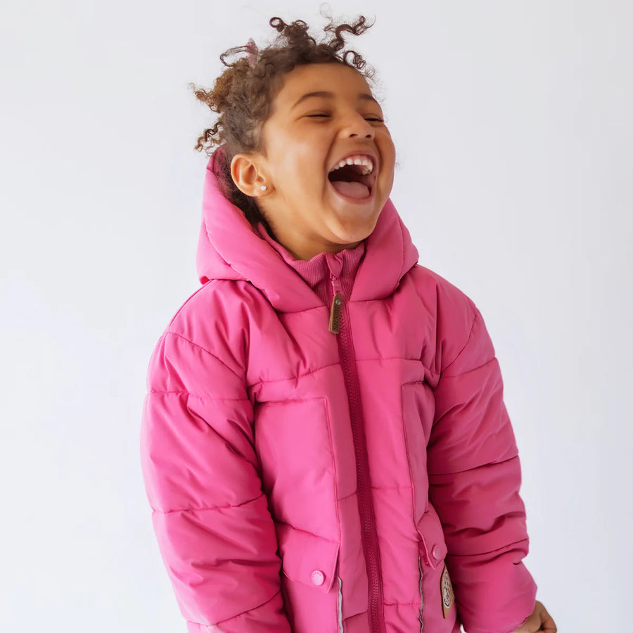 PINK PUFFER COAT WITH HIGH COLLAR AND HOOD IN NYLON, CHILD