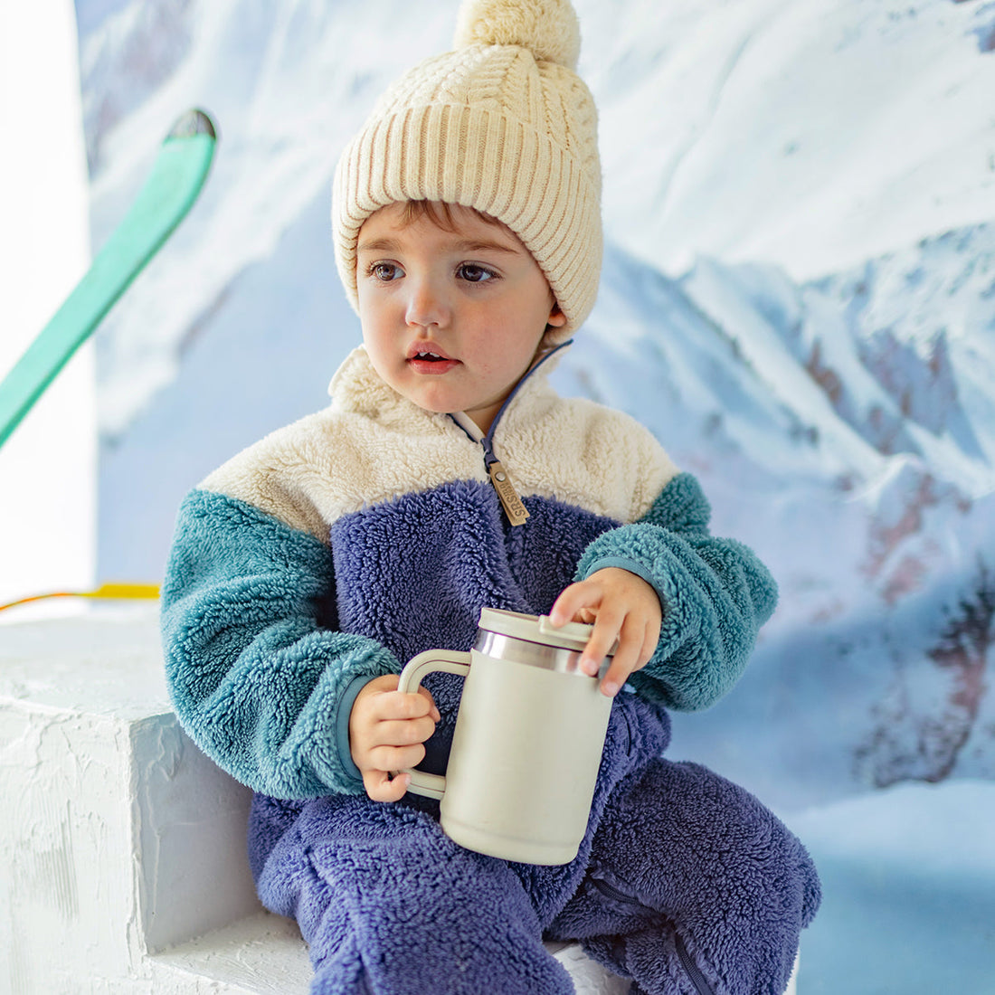 Blue sherpa one piece with color block and high collar, baby