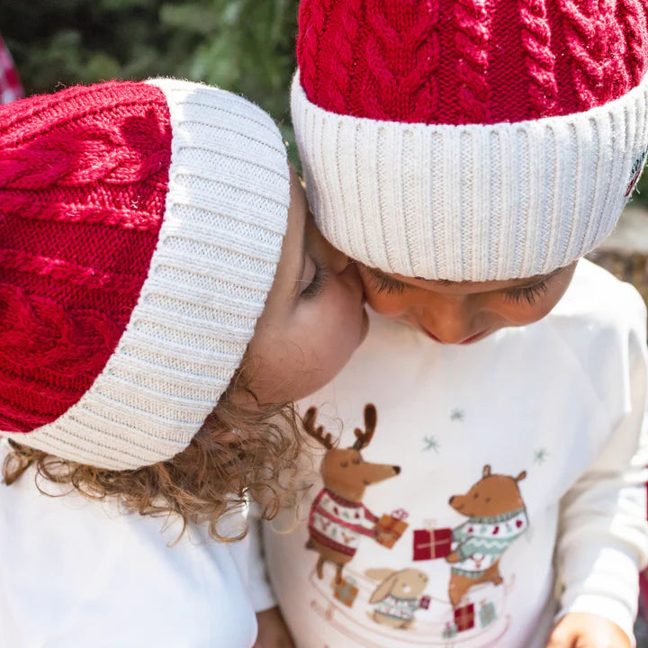 CREAM AND RED TWO PIECE PAJAMAS IN JERSEY WITH HOLIDAY ALL OVER PRINT AND PLAID, BABY