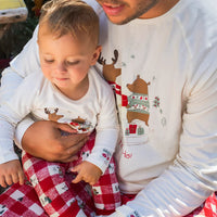 CREAM AND RED TWO PIECE PAJAMAS IN JERSEY WITH HOLIDAY ALL OVER PRINT AND PLAID, BABY