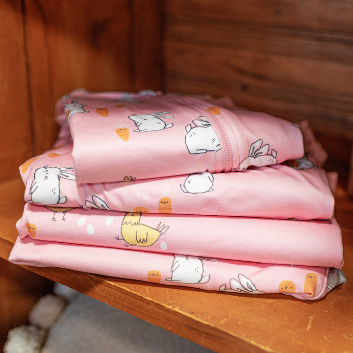 PINK ONE-PIECE PAJAMA WITH BUNNIES AND CHICKENS PRINT, BABY