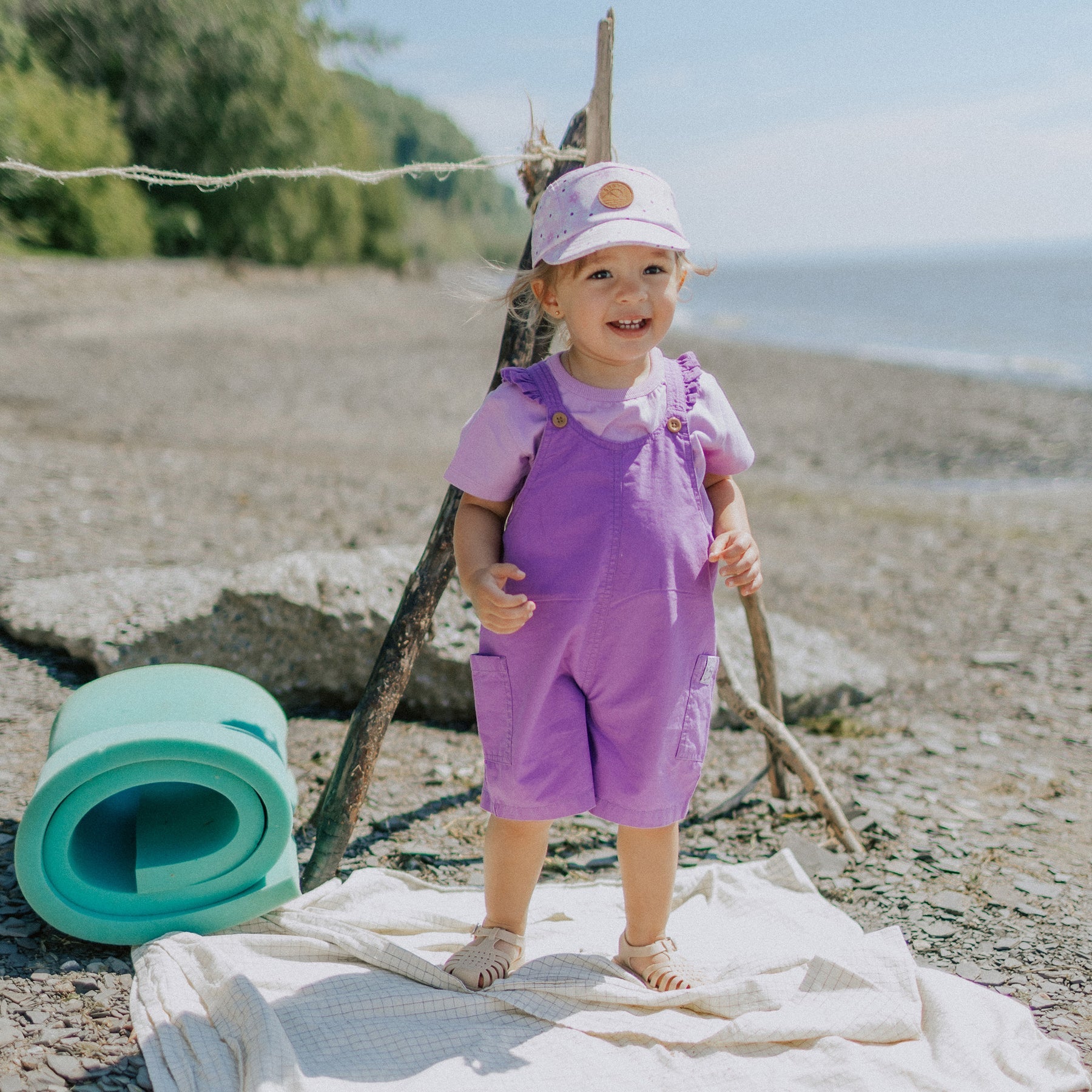 SHORT PURPLE OVERALL WITH RUFFLED STRAPS COTTON, BABY