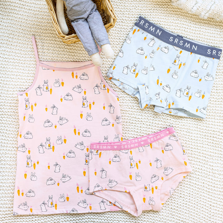 PINK BOYCUT PANTIES WITH BUNNIES AND CHICKENS PRINT STRETCH JERSEY, CHILD