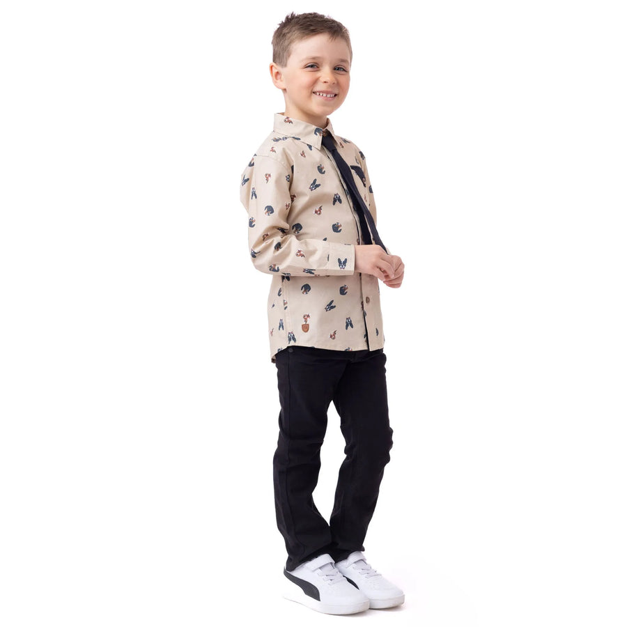 Boys Beige Printed Shirt With Removable Tie