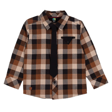 Boys Black Plaid Shirt With Removable Tie