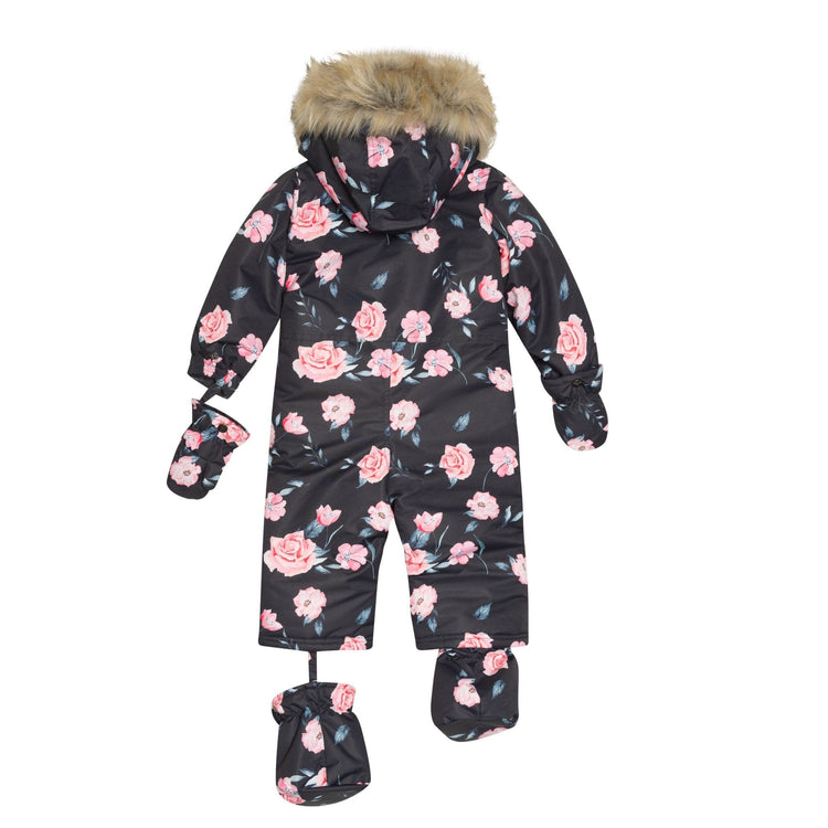 One Piece Baby Car Seat Snowsuit Black With Rose Print