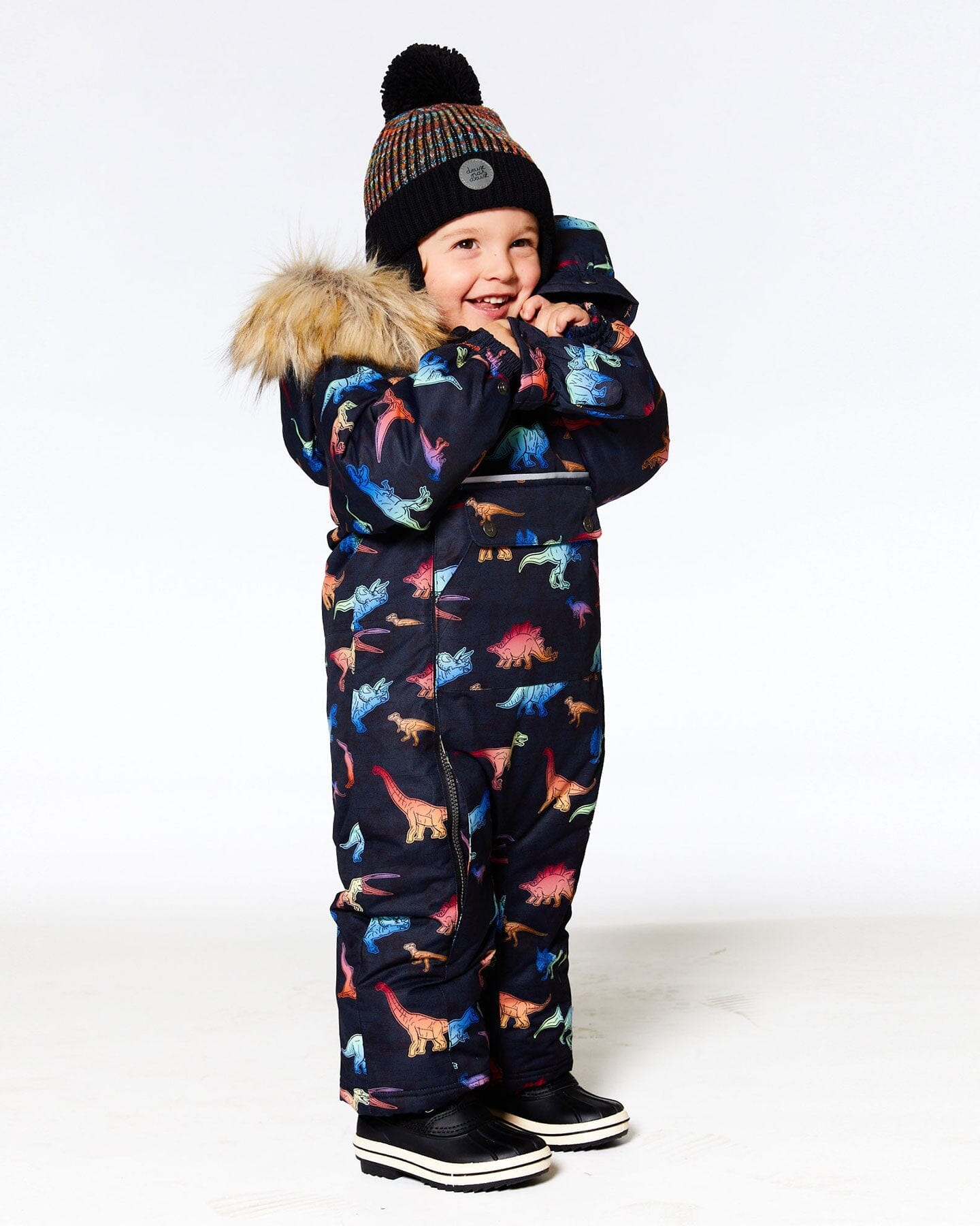 One Piece Baby Car Seat Snowsuit Black With Gradient Dino Print