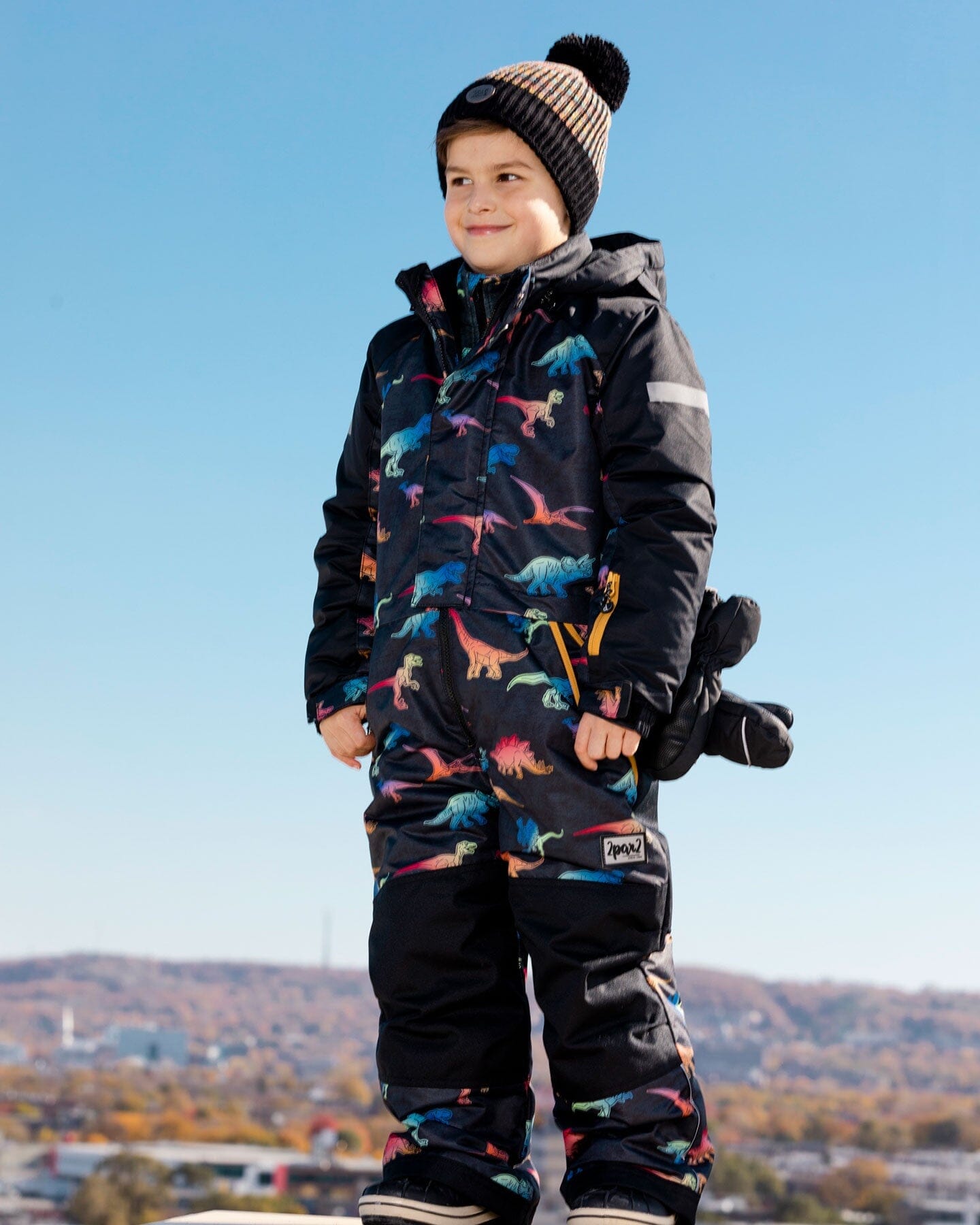 One Piece Black Snowsuit With Gradient Dino Print