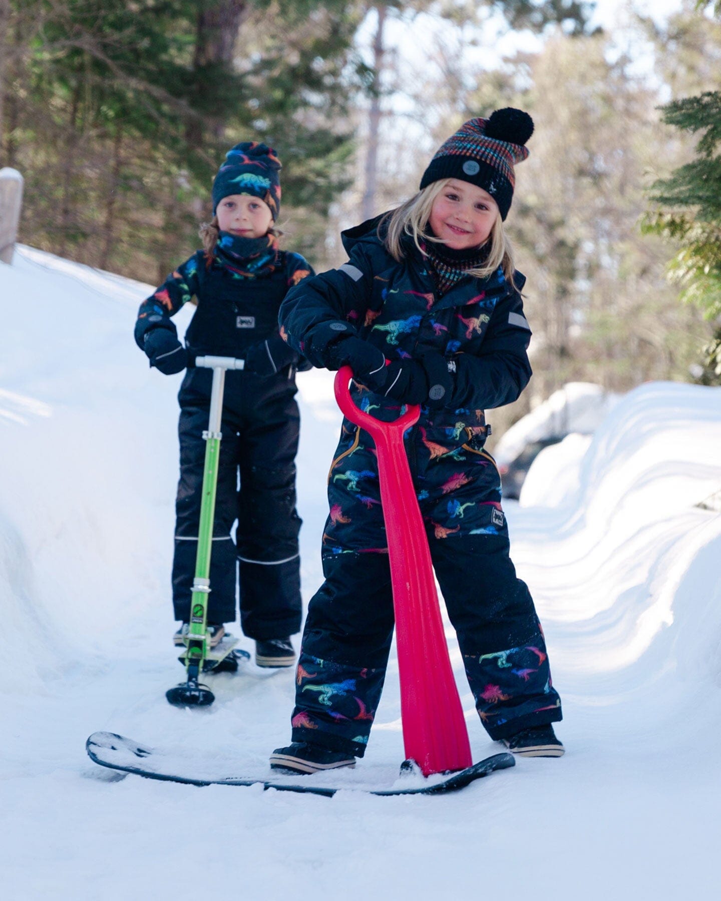 One Piece Black Snowsuit With Gradient Dino Print