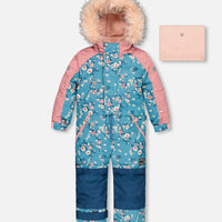 One Piece Snowsuit Teal With Spring Flower Print