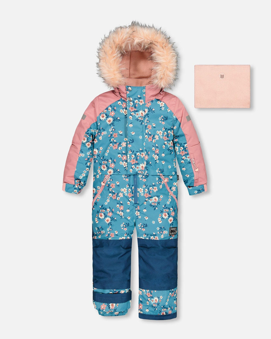 One Piece Snowsuit Teal With Spring Flower Print