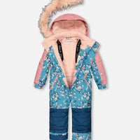 One Piece Snowsuit Teal With Spring Flower Print