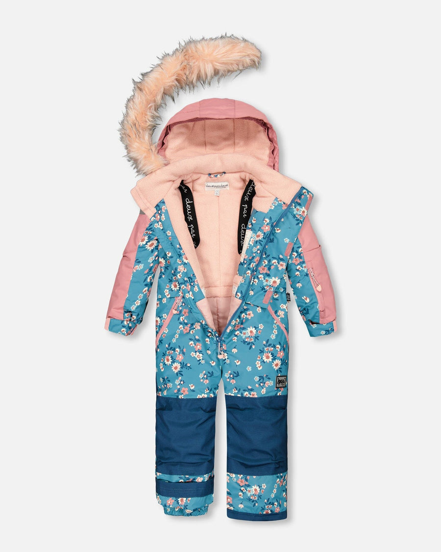 One Piece Snowsuit Teal With Spring Flower Print