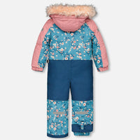 One Piece Snowsuit Teal With Spring Flower Print