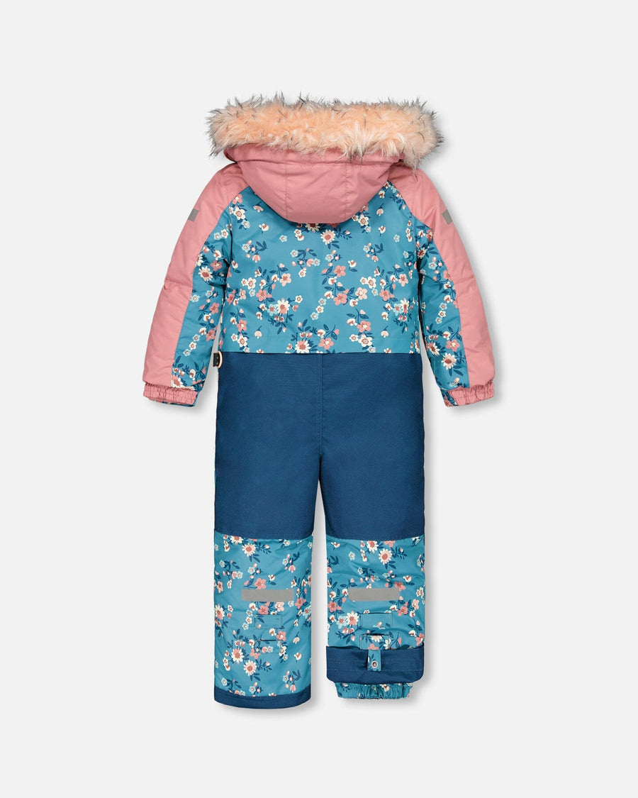 One Piece Snowsuit Teal With Spring Flower Print