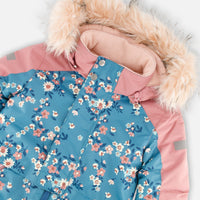 One Piece Snowsuit Teal With Spring Flower Print