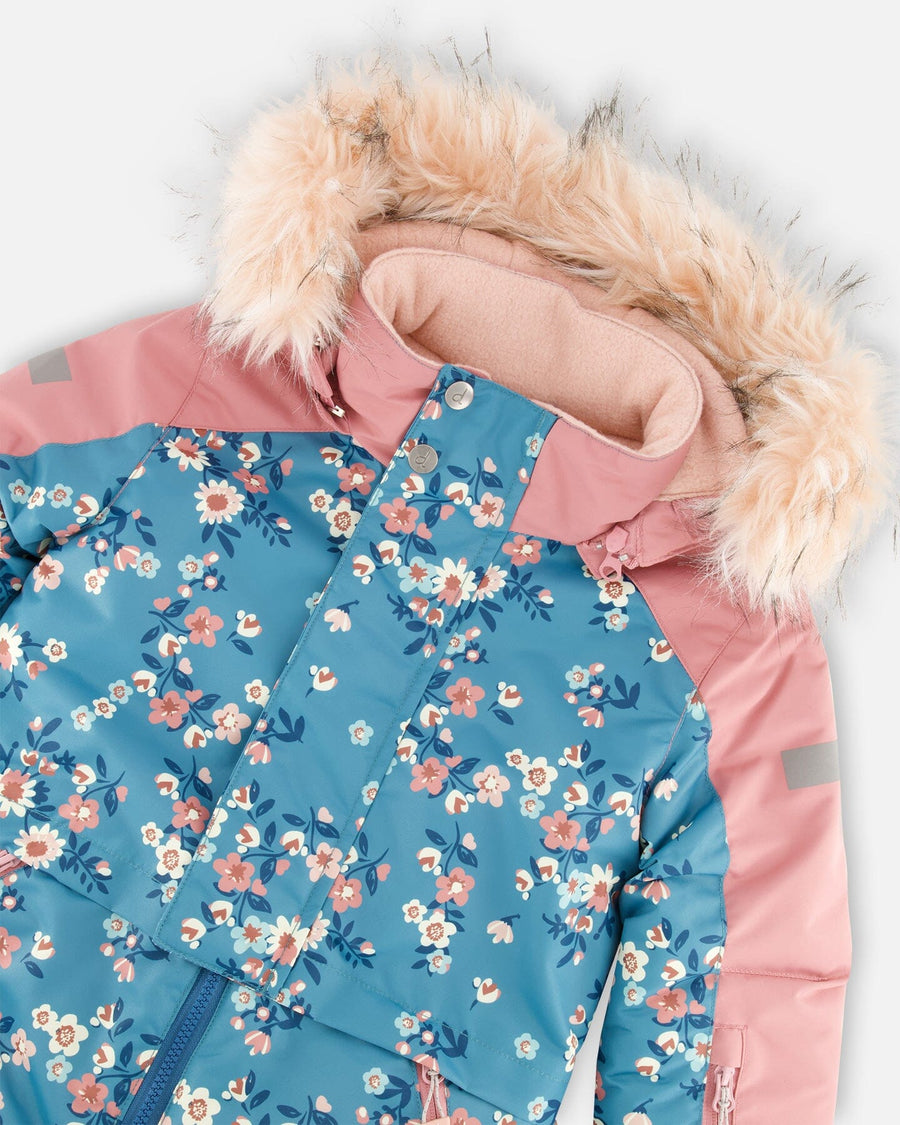 One Piece Snowsuit Teal With Spring Flower Print