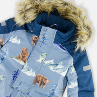 One Piece Snowsuit Blue With Bear Print