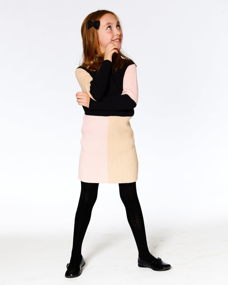 Color Block Knitted Sweater Dress Pink, Beige And Black