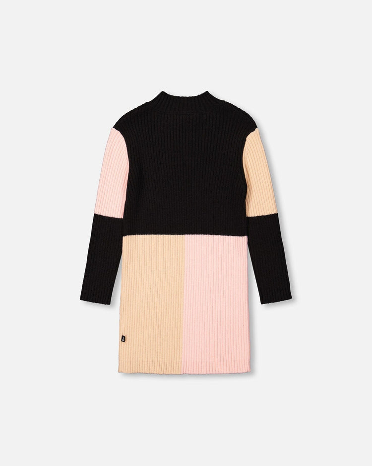 Color Block Knitted Sweater Dress Pink, Beige And Black