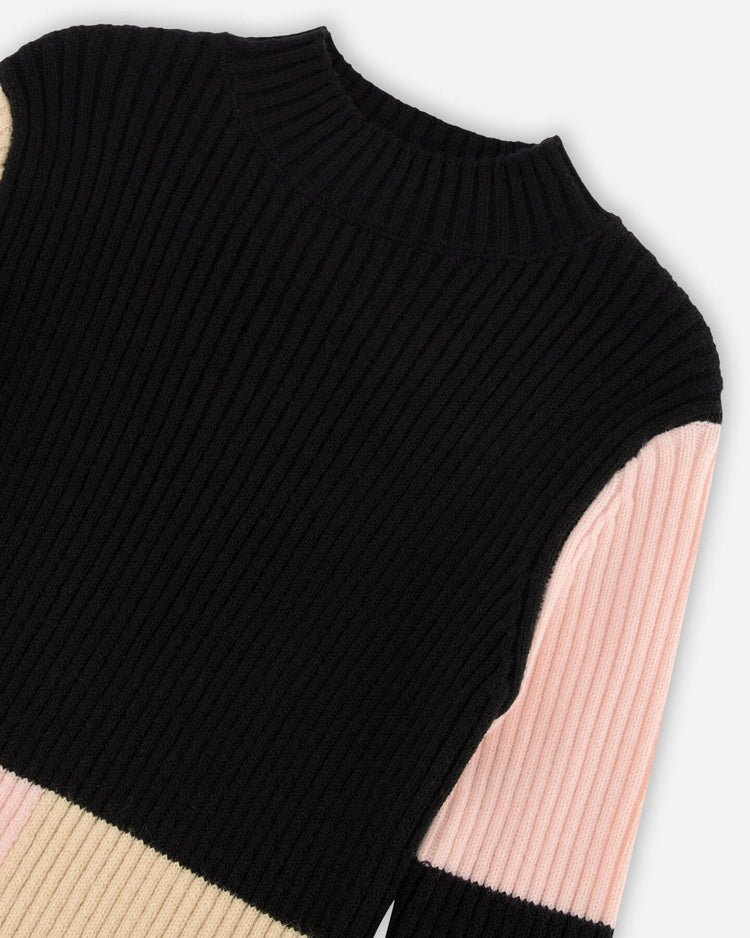 Color Block Knitted Sweater Dress Pink, Beige And Black