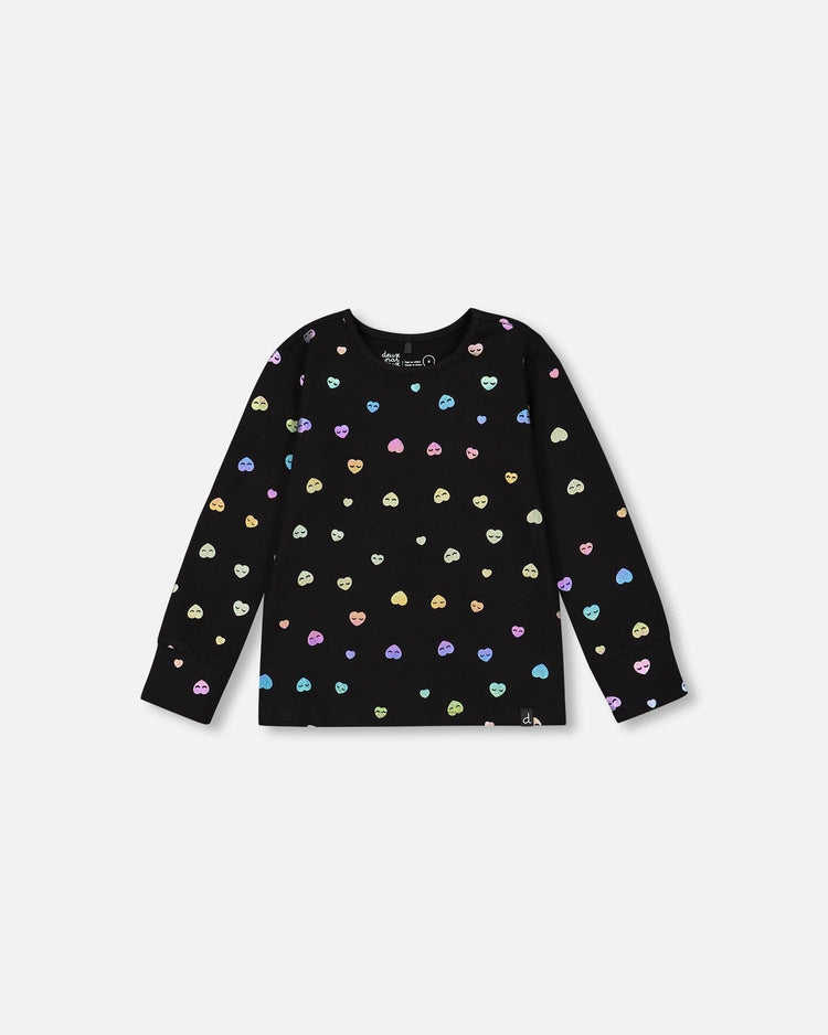 Long Sleeve T-Shirt Black Colorful Hearts Foil Print