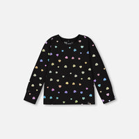 Long Sleeve T-Shirt Black Colorful Hearts Foil Print