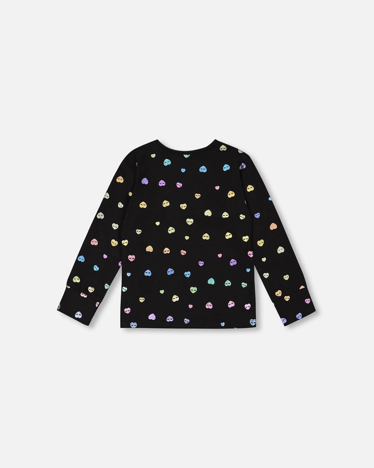 Long Sleeve T-Shirt Black Colorful Hearts Foil Print