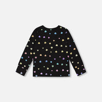 Long Sleeve T-Shirt Black Colorful Hearts Foil Print