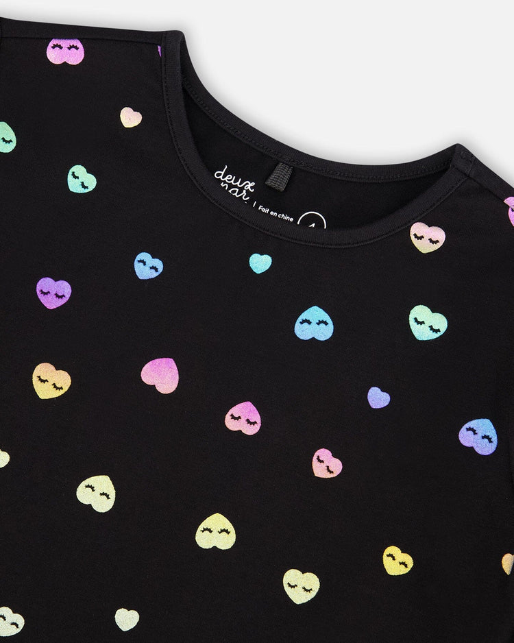 Long Sleeve T-Shirt Black Colorful Hearts Foil Print