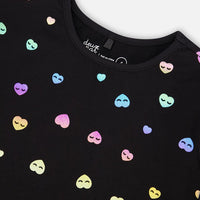 Long Sleeve T-Shirt Black Colorful Hearts Foil Print