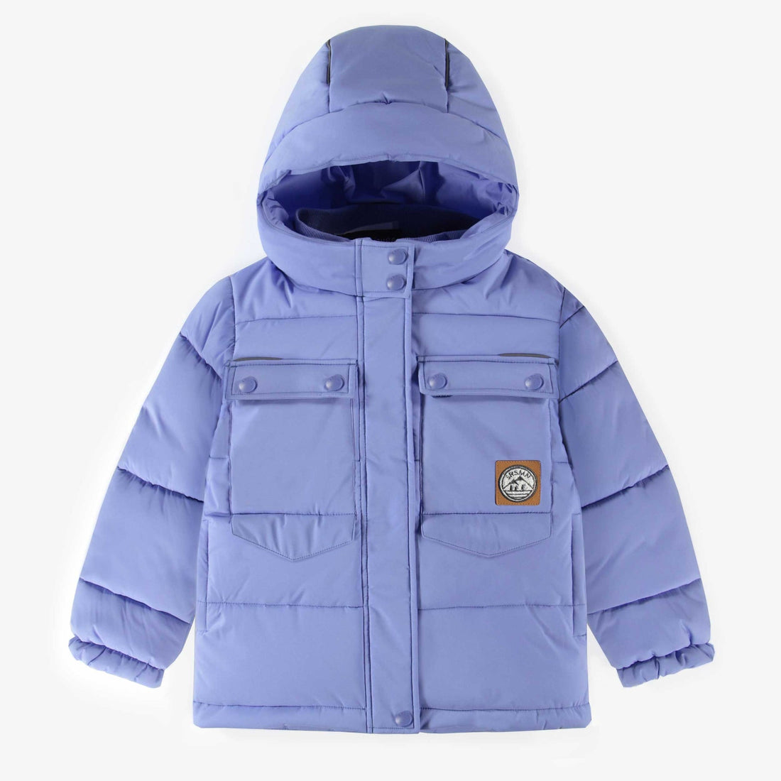 BLUE PUFFER COAT WITH HIGH COLLAR AND HOOD, CHILD