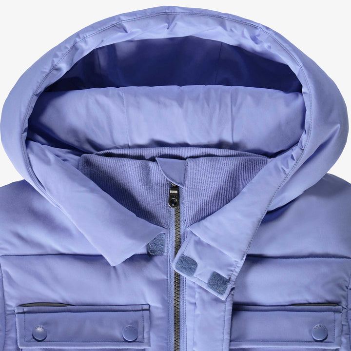 BLUE PUFFER COAT WITH HIGH COLLAR AND HOOD, CHILD