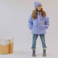 BLUE PUFFER COAT WITH HIGH COLLAR AND HOOD, CHILD