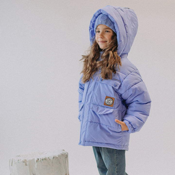 BLUE PUFFER COAT WITH HIGH COLLAR AND HOOD, CHILD