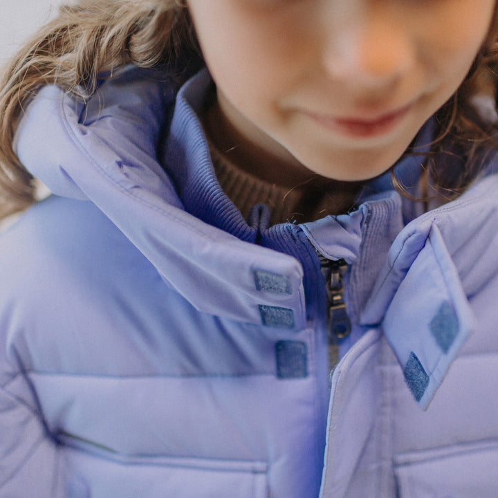 BLUE PUFFER COAT WITH HIGH COLLAR AND HOOD, CHILD