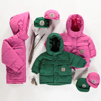 GREEN PUFFER COAT WITH HIGH COLLAR AND HOOD IN NYLON, BABY